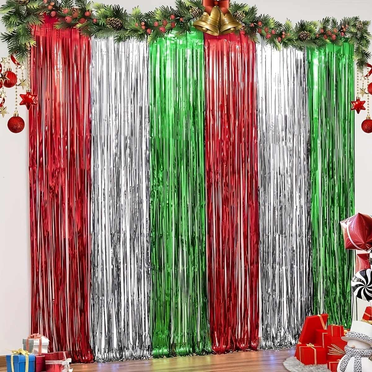 3 Pcs Christmas Red Green Silvery Foil Fringe Curtains