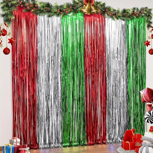 3 Pcs Christmas Red Green Silvery Foil Fringe Curtains