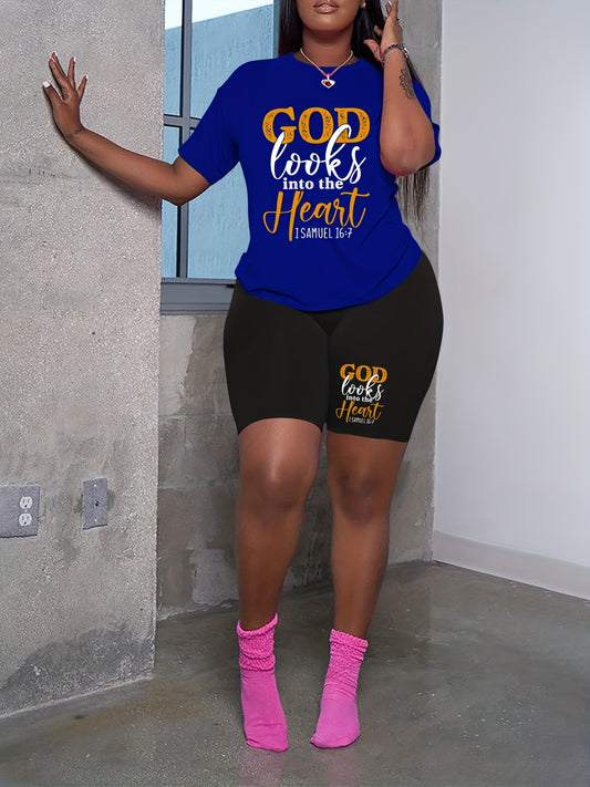  Slogan Print Tee & Shorts Outfits 2 Piece Set