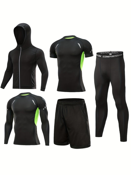 5 Pc Men's Quick Dry Gym Outfit: Jacket, Hoodie, T-shirt, Shorts, Leggings