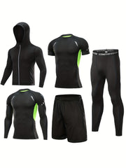 5 Pc Men's Quick Dry Gym Outfit: Jacket, Hoodie, T-shirt, Shorts, Leggings