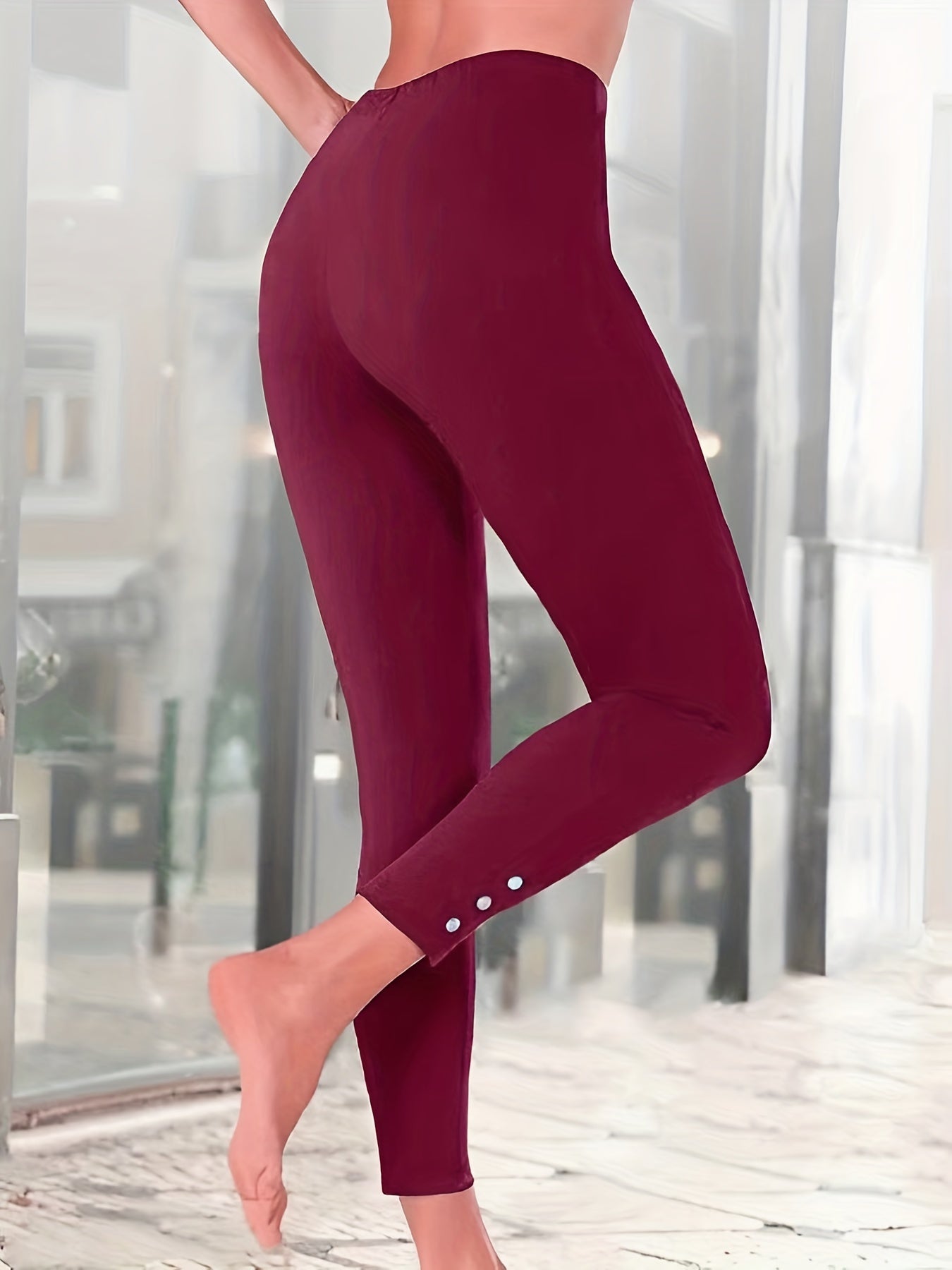  Solid Faux Pearl High Rise Fitness Leggings
