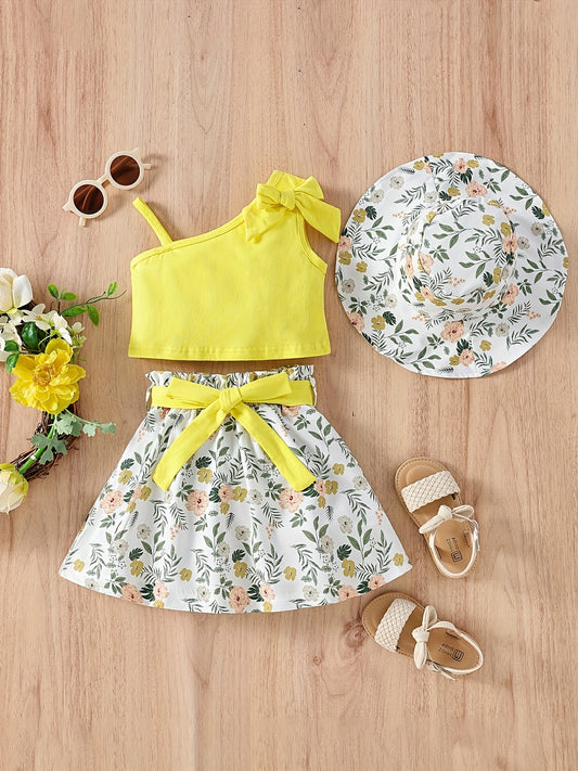 3pcs Toddler Girls Bow Crop Tank Top & Floral Skirt Set for Party