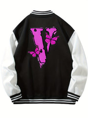 Butterfly Pattern Varsity Jacket Men's Block Button Up Jacket