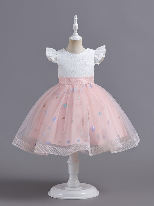 Girls Embroidered Mesh Princess Dress Fly Sleeve Tutu Skirt