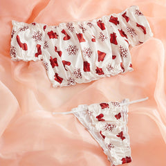 Xmas Print Lingerie Set Ruffle Crop Top & Panties Sexy Women's Underwear