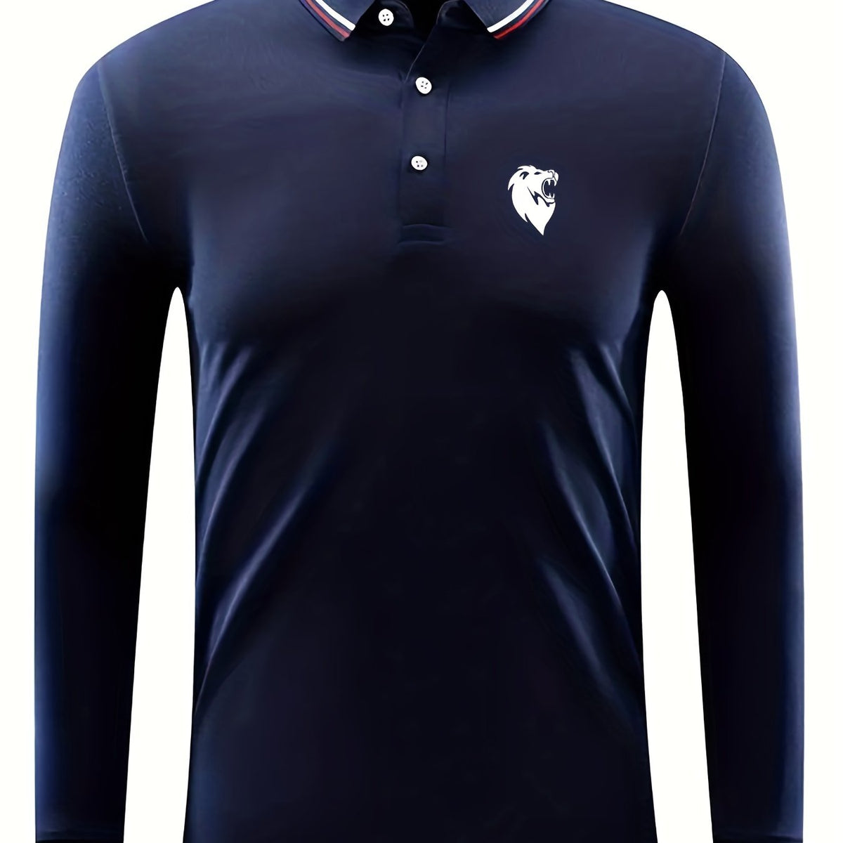Men's Lion Head Print Long Sleeve Polo Shirt Casual Slightly Stretch