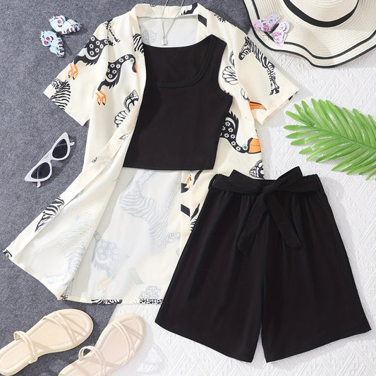 Girl's 3pcs Cartoon Animal Print Set Short Sleeve Top Casual Outfit
