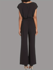 Solid Round Neck Short Sleeve Loose Jumpsuit Casual Long Length