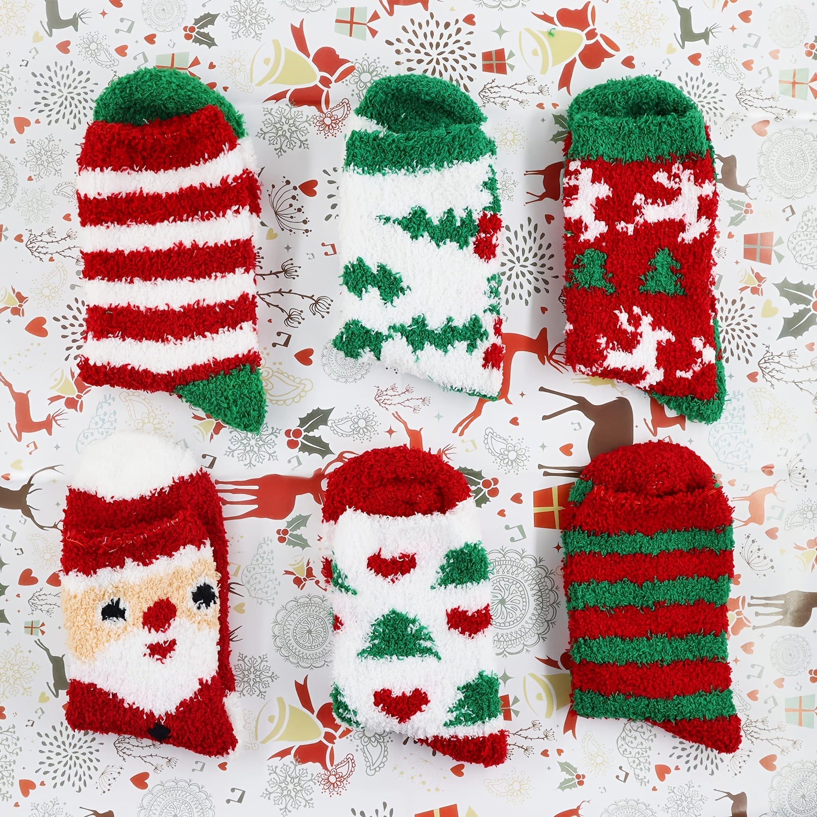 6pcs Christmas Print Socks Fuzzy Warm Comfy Stocking Decorations