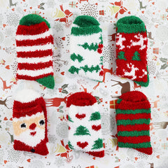 6pcs Christmas Print Socks Fuzzy Warm Comfy Stocking Decorations