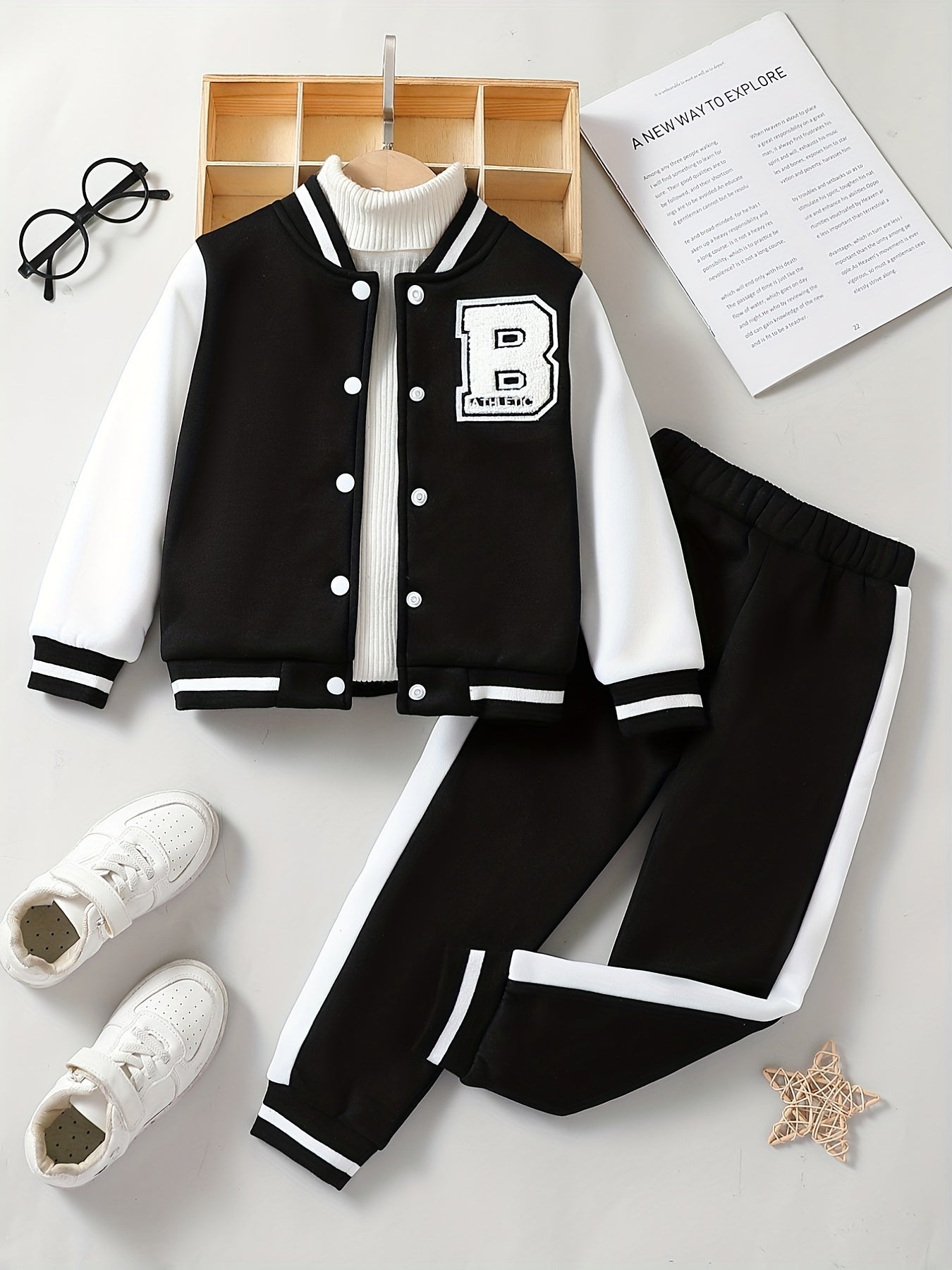 Boy's 2pcs Baseball Jacket & Sweatpants Set Letter B Print Top Outfit
