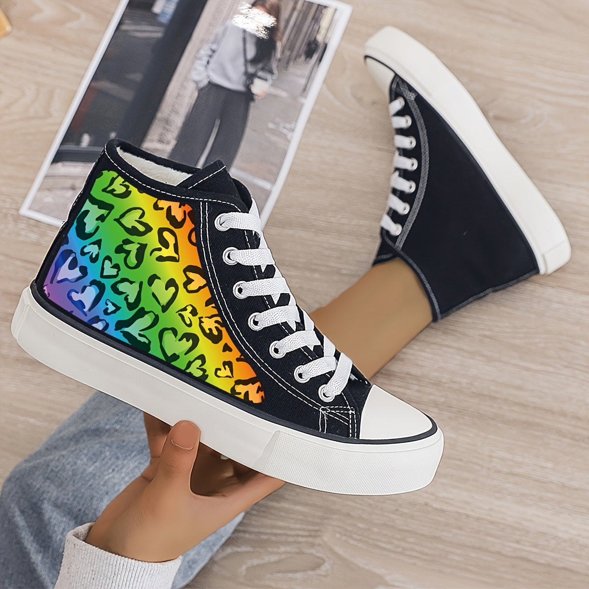 Leopard Heart Print Plush Lined Thermal Chunky Canvas Sneakers
