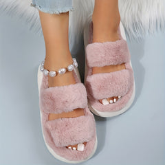 Double Strap Platform Slippers Casual Slip On Plush Shoes