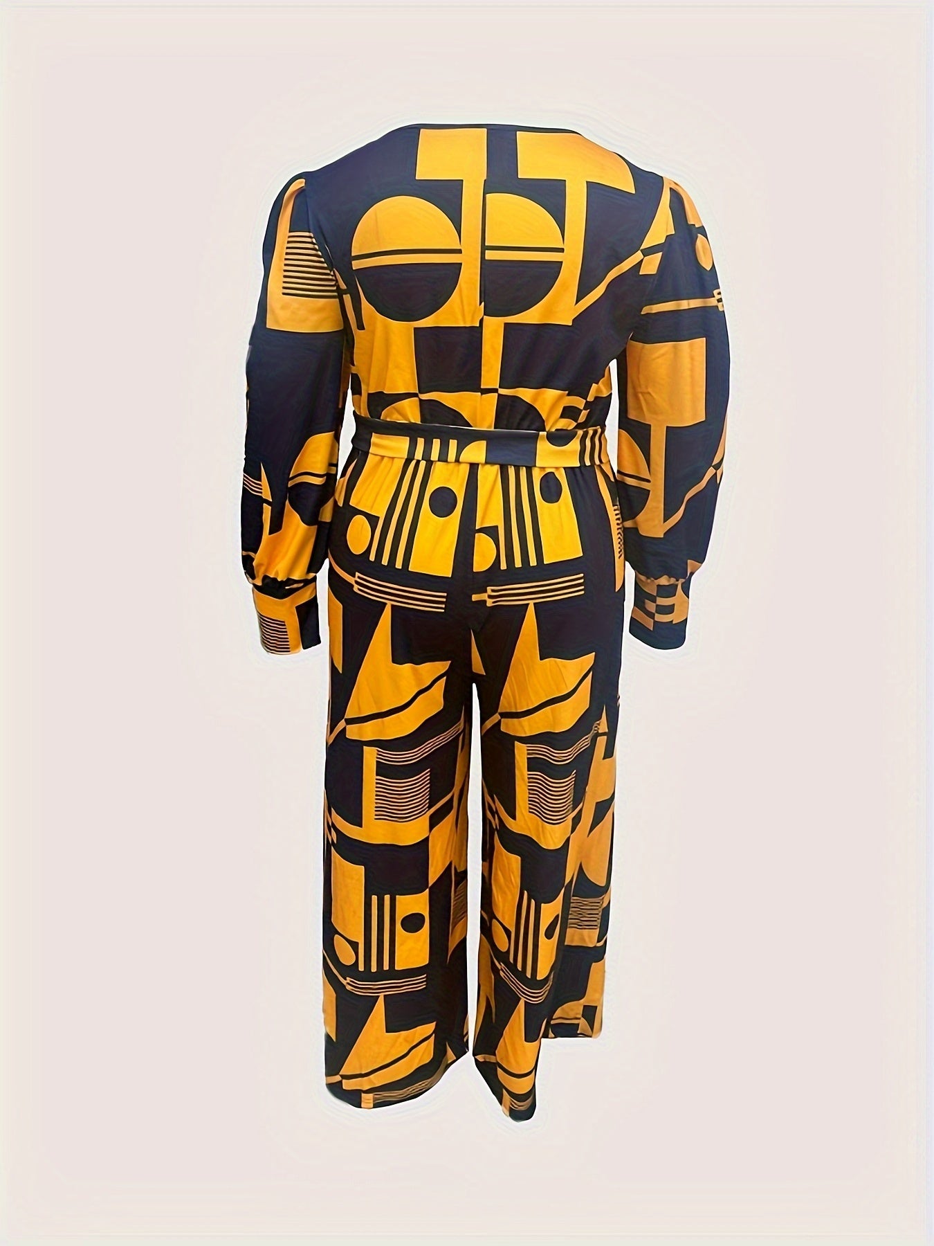 Plus Geometric Print Lantern Sleeve Surplice Neck Wide Leg Jumpsuit