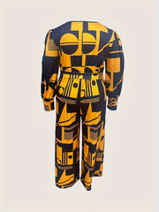Plus Geometric Print Lantern Sleeve Surplice Neck Wide Leg Jumpsuit