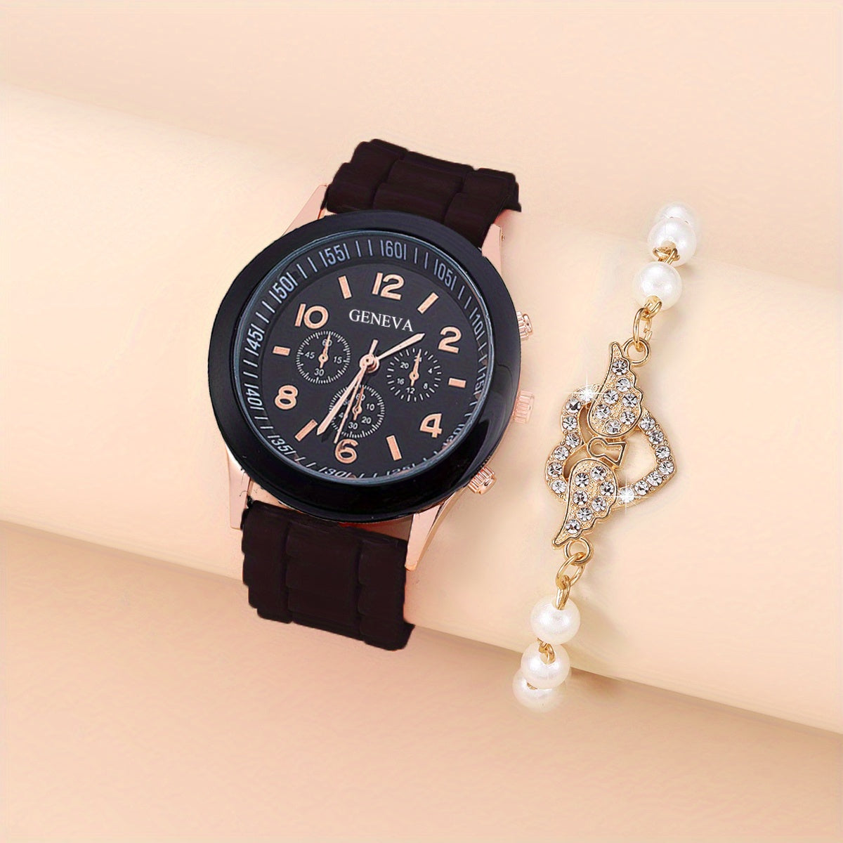 Student Silicone Quartz Watch & Bead Rhinestone Bracelet Set