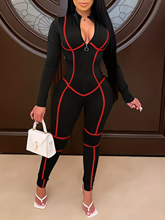 Casual Slim Jumpsuit with Zip Front - Spring & Fall Style