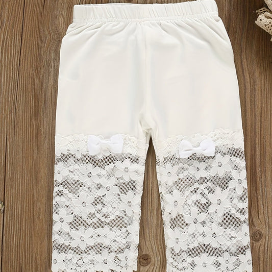 Girls Soft Cotton Leggings with Bow Flowers Lace Patchwork