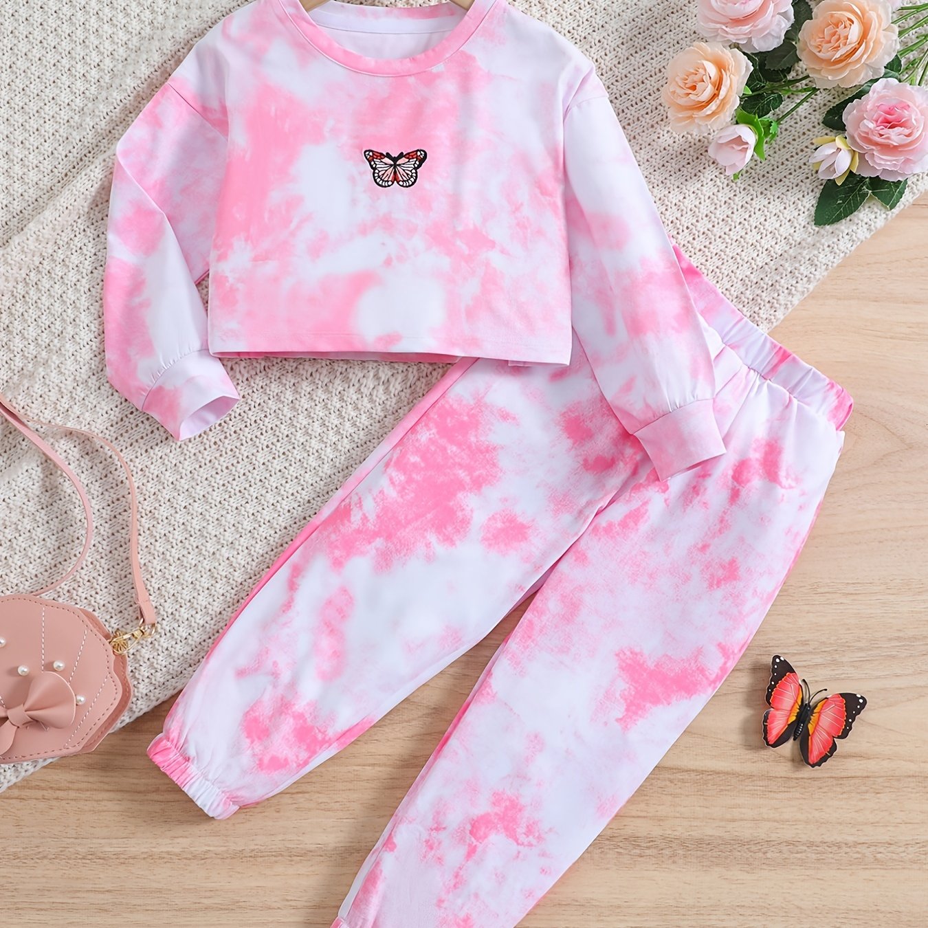 Toddler Girls Butterfly Embroidery Tie Dye Top & Sweat Pants 2pcs Sportwears