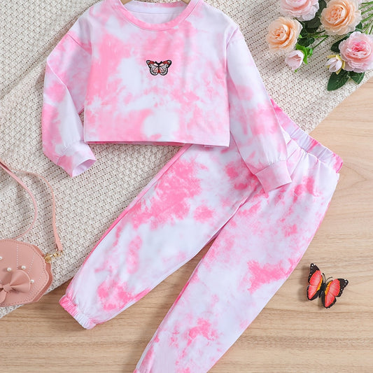 Toddler Girls Butterfly Embroidery Tie Dye Top & Sweat Pants 2pcs Sportwears