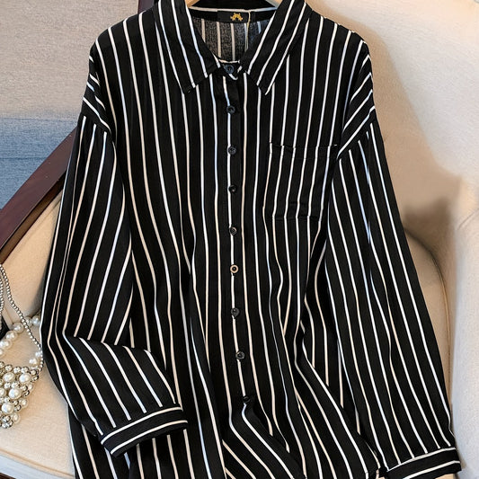  Stripe Print Button Up Long Sleeve Blouse