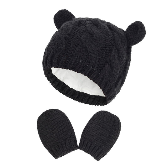 2pcs Baby Boys Bear Ear Beanie Knitted Hat And Gloves Set
