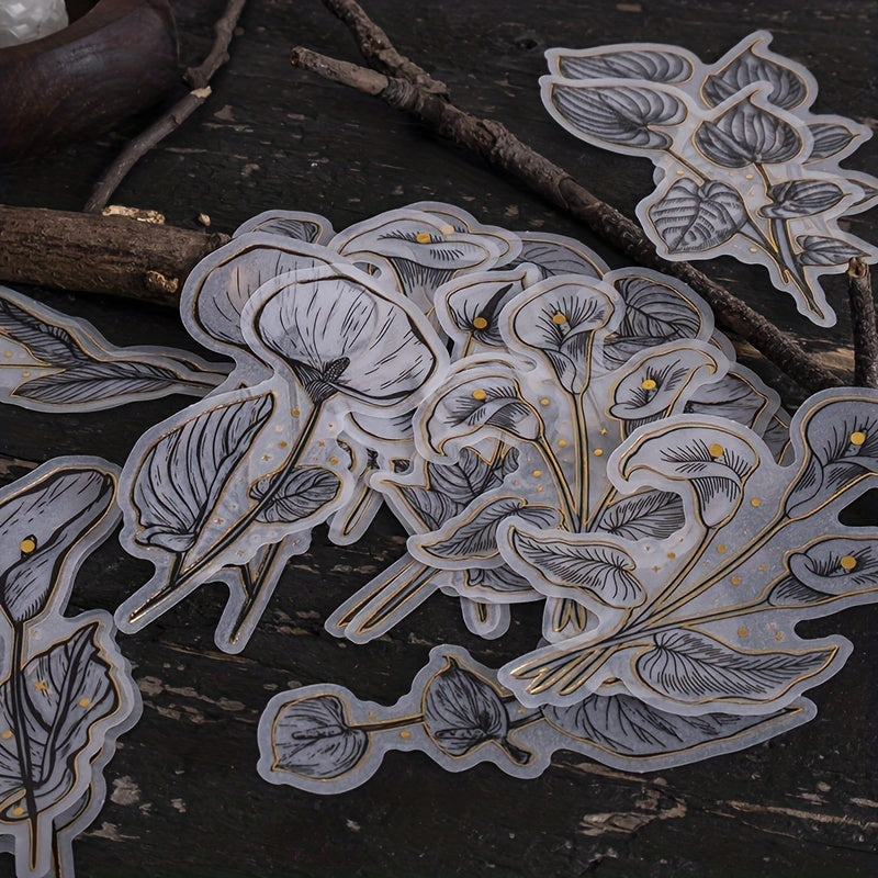 Retro Flower Stickers Set - Literary Artistic Plant Silvery Stamping DIY Decor