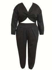  Solid Twist Front Crop Top & Tapered Leg Pants Outfit