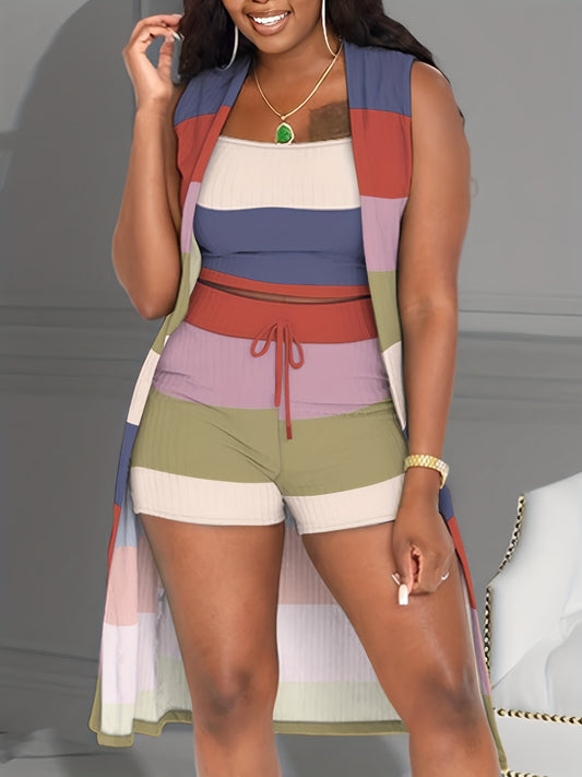 Casual Block Two piece Set Sleeveless Coat Cami Top Drawstring Shorts