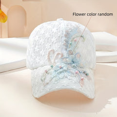 Flower Embroidery Mesh Trucker Hat Faux Pearl Decor Lace Baseball Cap