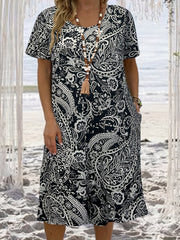  Paisley Print Short Sleeve Casual Dress with Pockets
