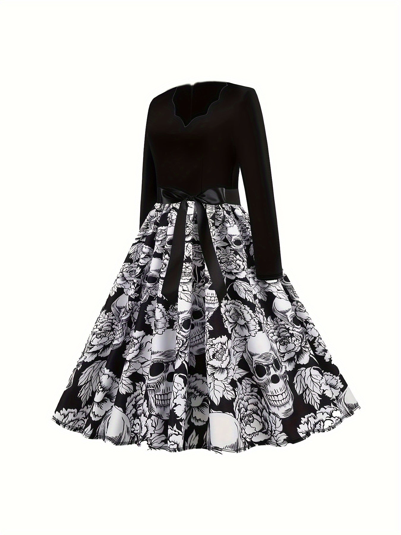 Colorblock Skull & Floral Print Plus Size Goth Dress