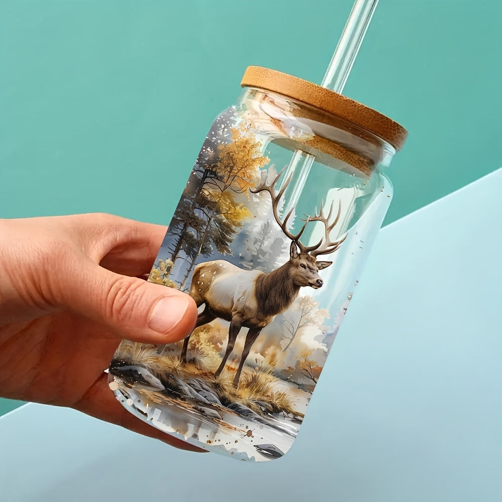5pcs Forest Deer 16oz Glass Jar Decorative Stickers UV DTF High Adhesive