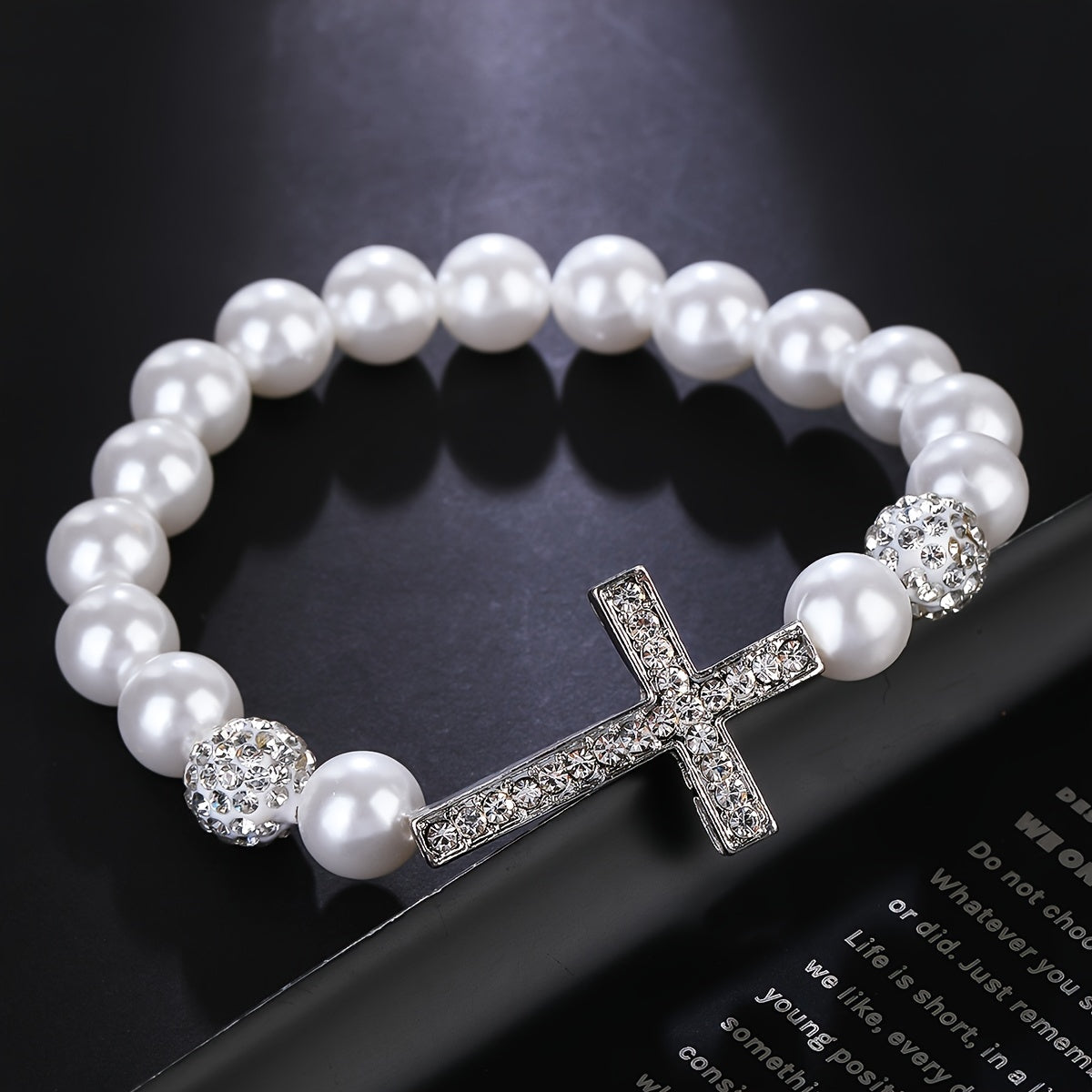 Faux Pearls Cross Bracelet Rhinestone Inlay Women Girls