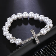 Faux Pearls Cross Bracelet Rhinestone Inlay Women Girls