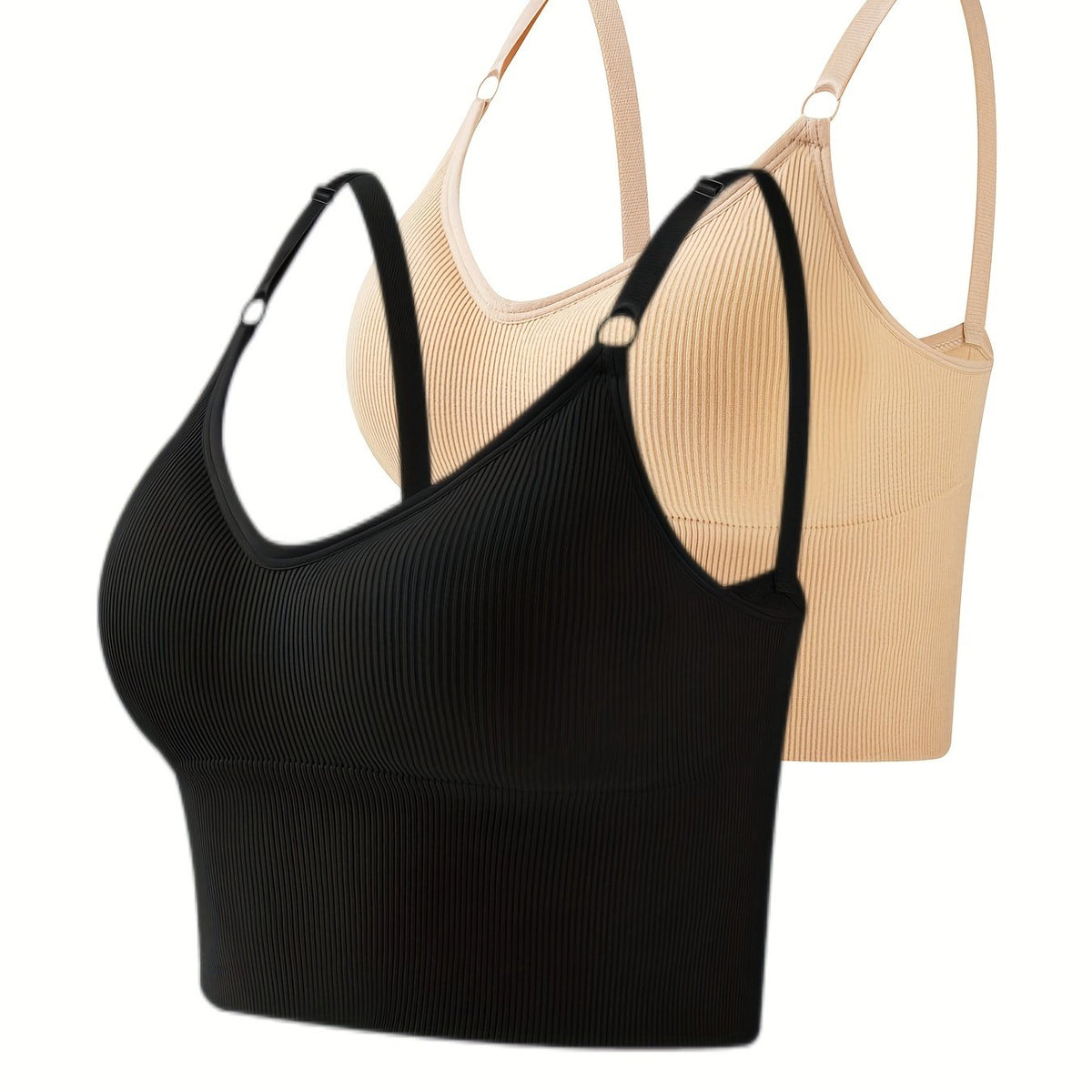 2pcs Solid Ribbed Wireless Bras Comfy & Breathable Yoga Sports Bra