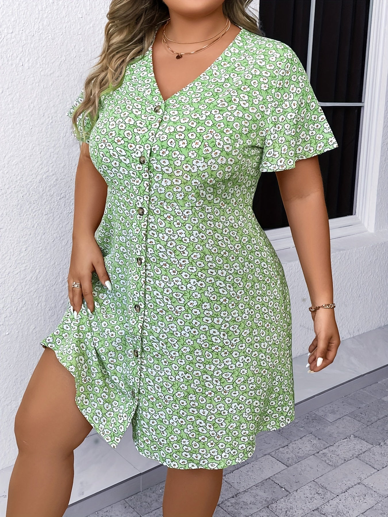  Boho Dress Women's Plus Ditsy Floral Print Short Sleeve V Neck Button
