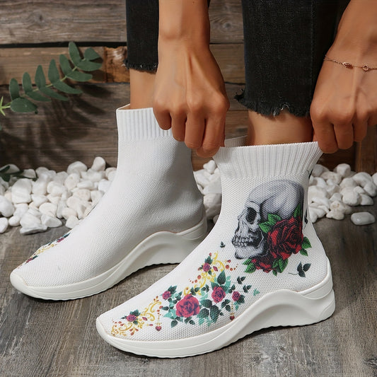 Women's Stretch Sock Boots Skull Rose Knit Ankle Boots Halloween Slip On
