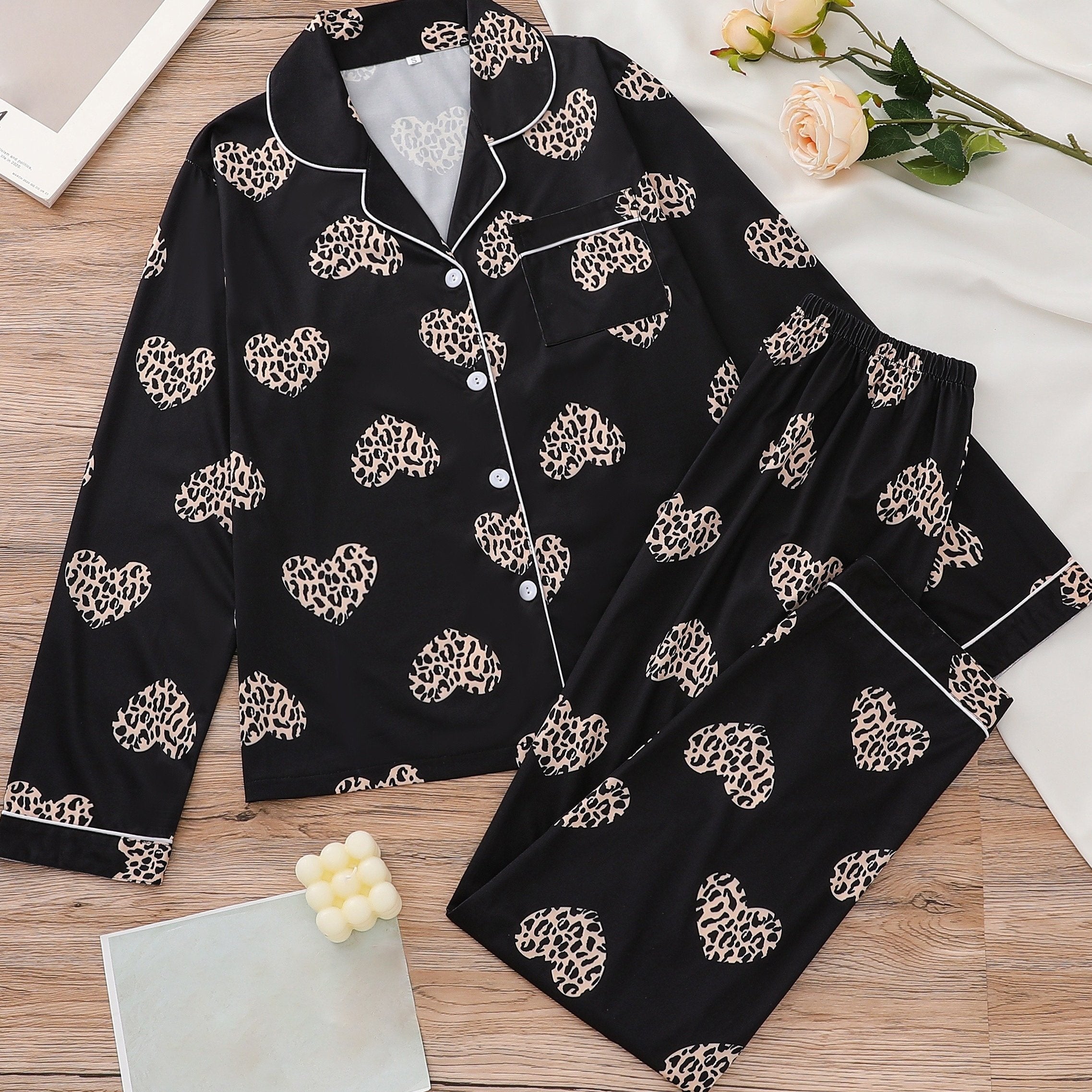 Leopard Print Pajama Set Long Sleeve Top & Pants