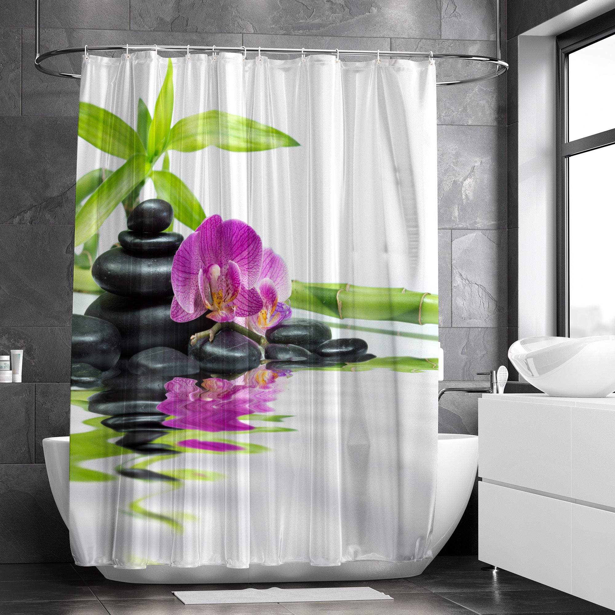 Waterproof Shower Curtain Stone Glass Bottle Bamboo 182x182 cm