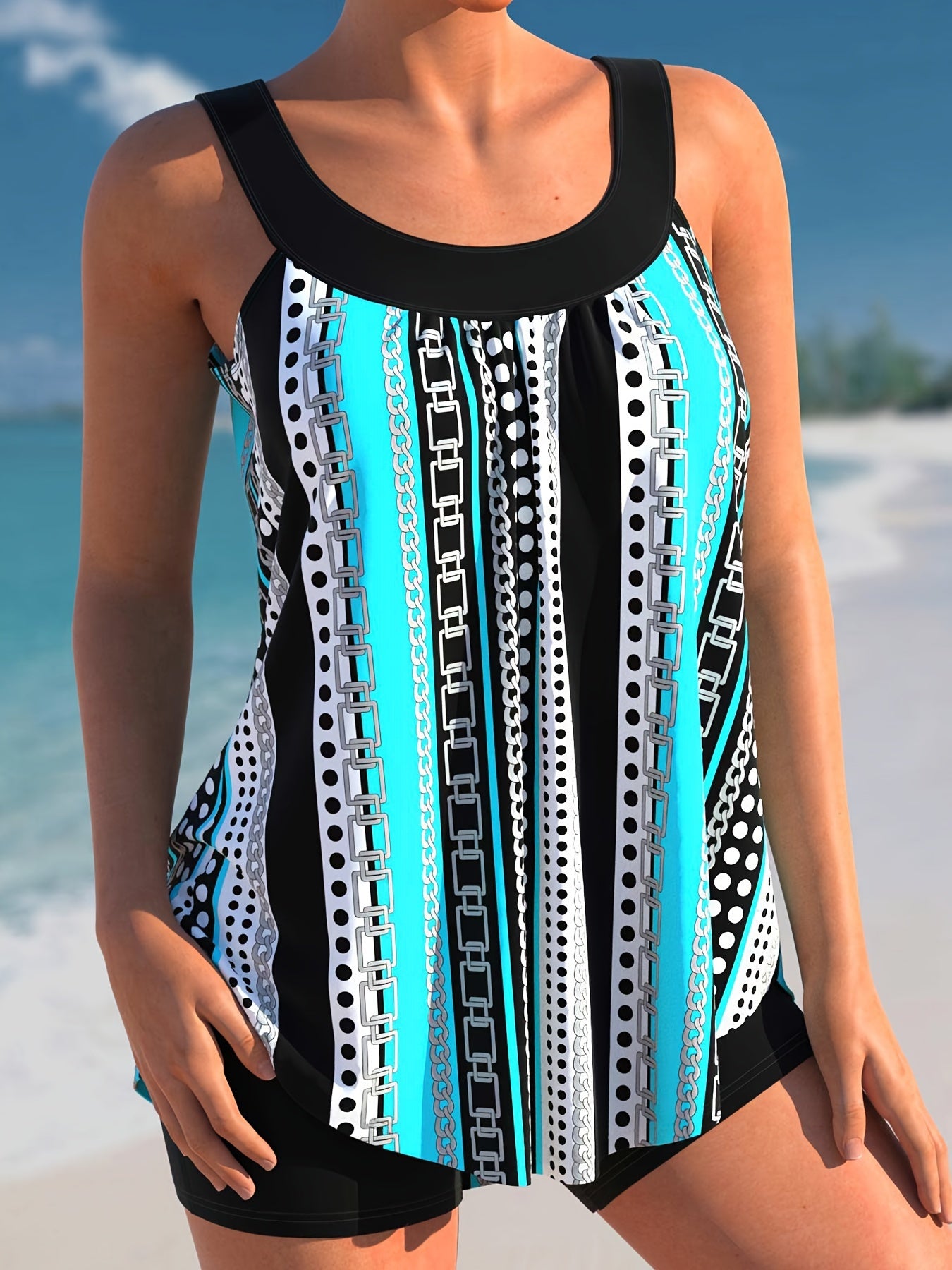  Modest Tankini Set - Women's Chain & Polka Dot Stripe Print Top & S