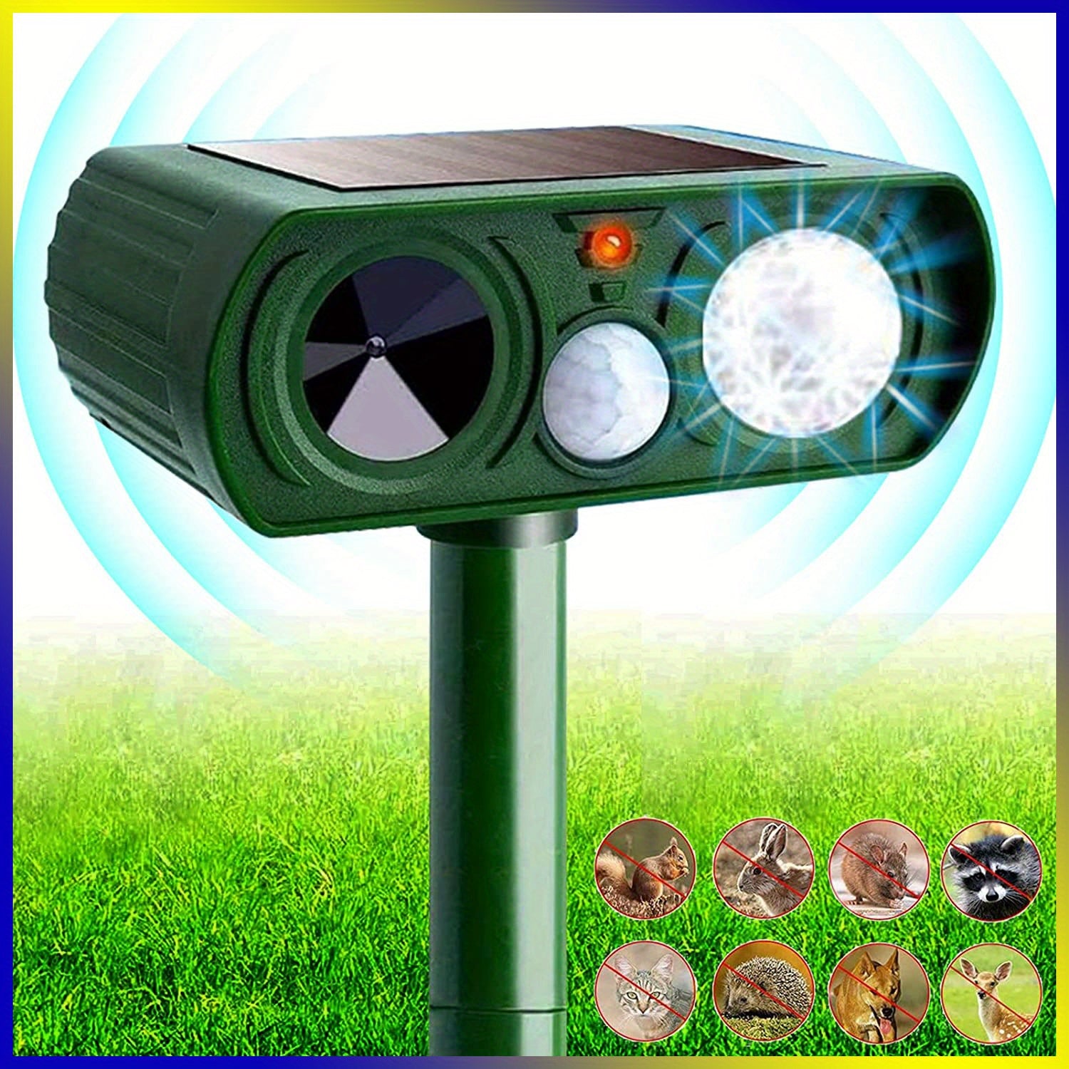 Outdoor Solar Ultrasonic Animal Repellent - Repels Mice, Birds, Dogs