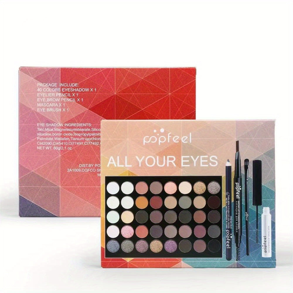 Complete Eye Makeup Set: Palette, Mascara, Brush, Liner, Brow Pen
