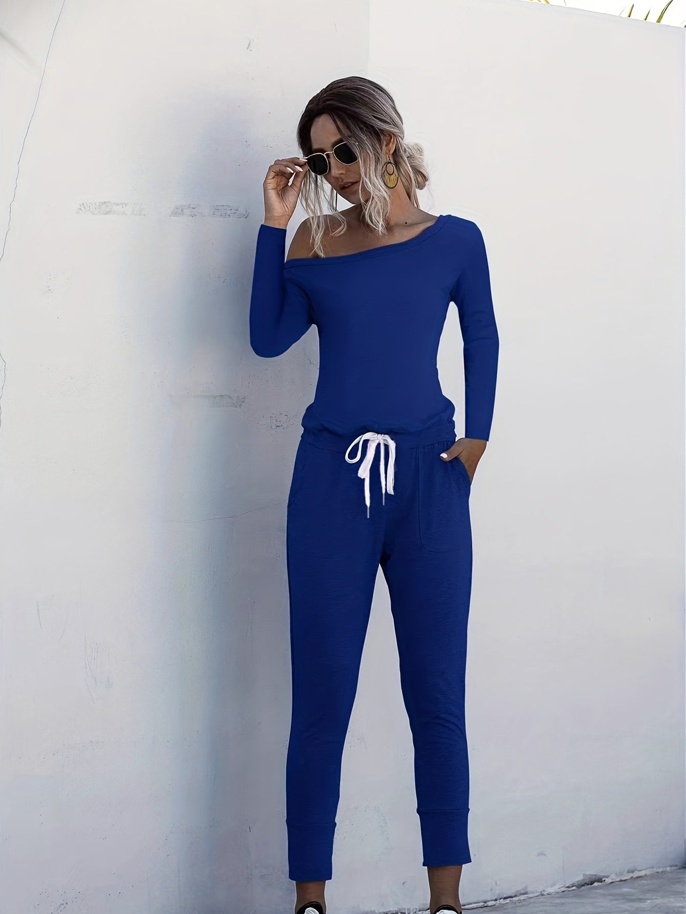 Asymmetrical Neck Jumpsuit Drawstring Long Sleeve