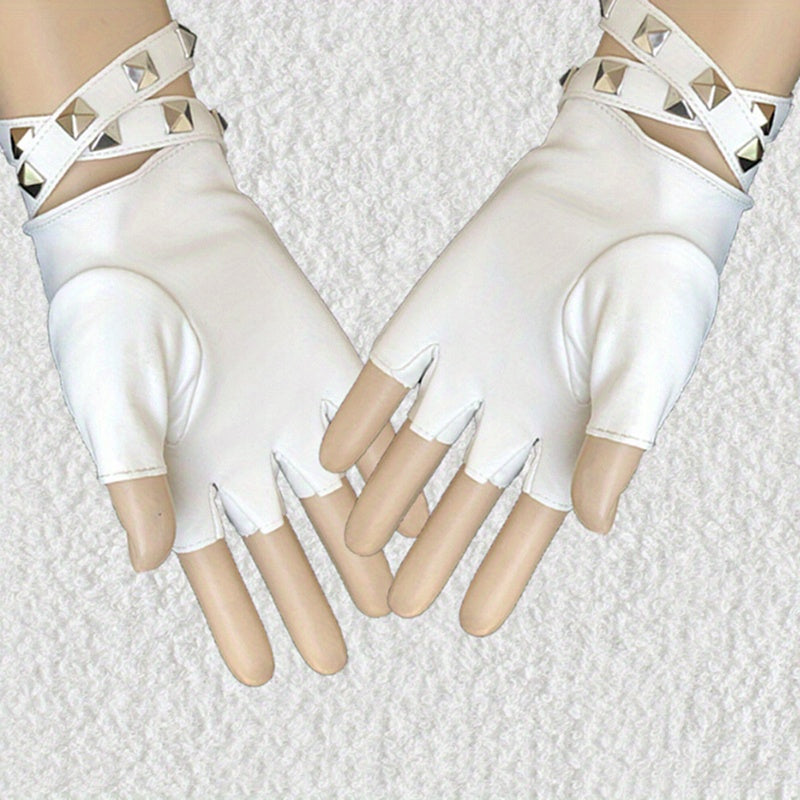 PU Leather Gloves Boho Half Finger Gloves Punk Rivets Belt Gloves
