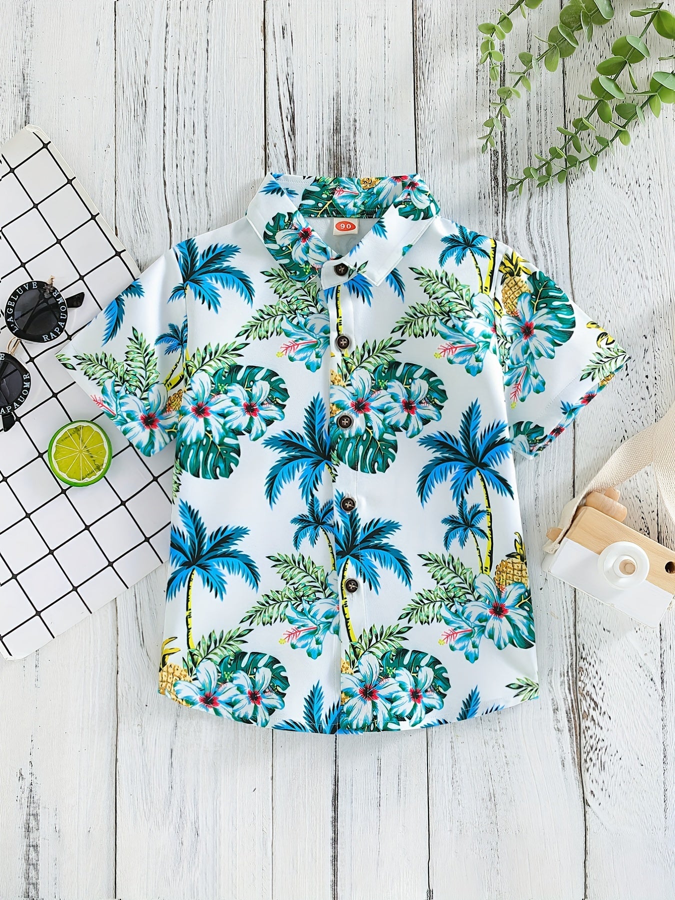 Boys Flowers & Leaves Print Short Sleeves Hawaiian Shirt for Beach Vacation