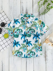 Boys Flowers & Leaves Print Short Sleeves Hawaiian Shirt for Beach Vacation