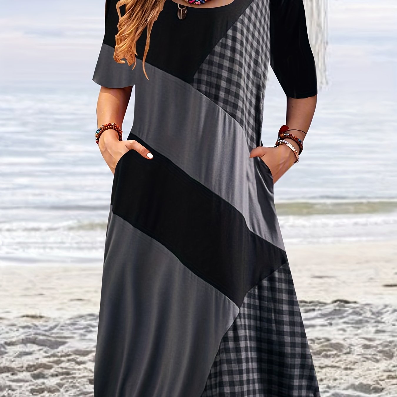 Women's Plus Gingham Print Short Sleeve Dress with Pockets