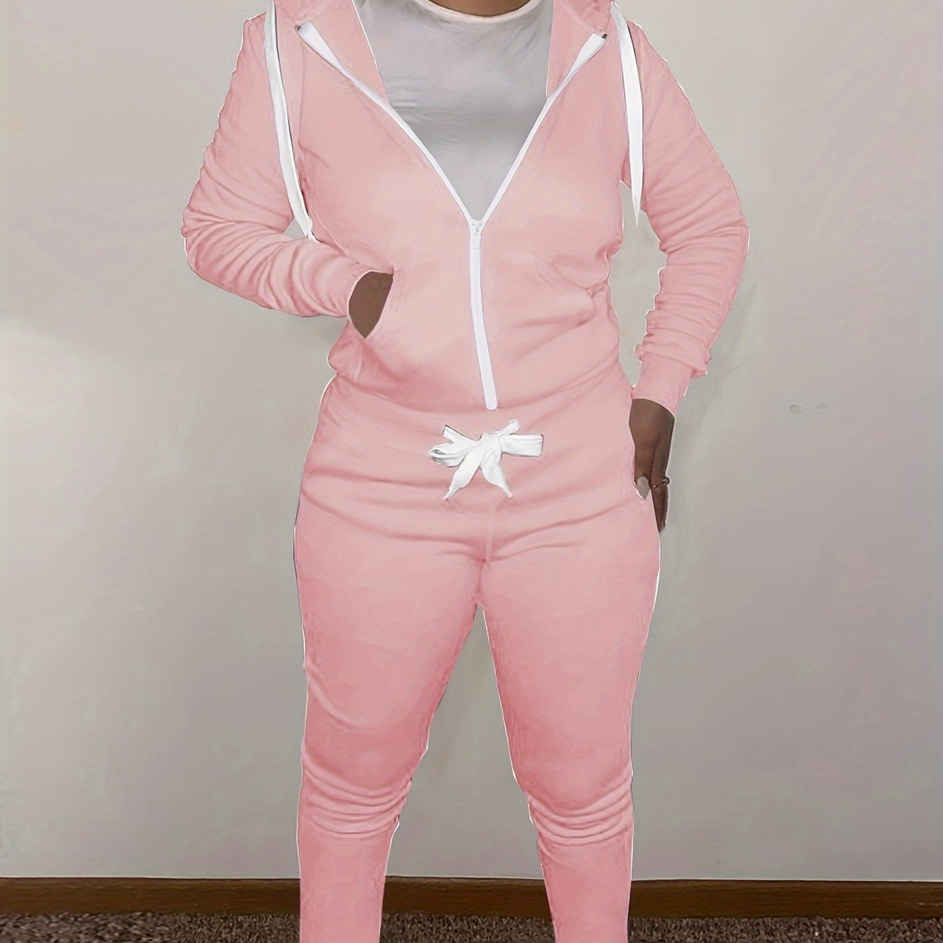  Sporty Outfit Set Women Solid Long Sleeve Zipper Front